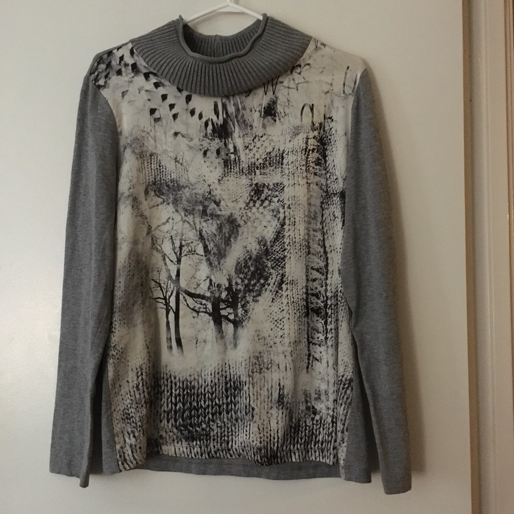 AIRFIELD Germany Grey Loose Turtleneck Print Front Modal Blend Stretch Top S